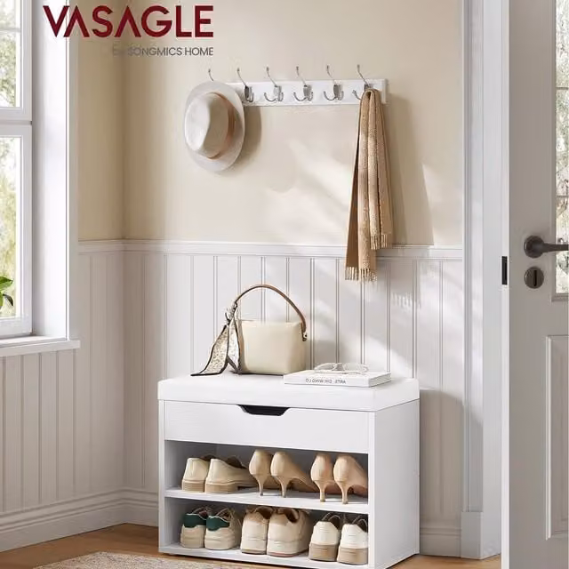 VASAGLE White Shoe Bench with Storage and Padded Seat for Hallway or Bedroom, W/D/H: 100 x 30 x 48 cm