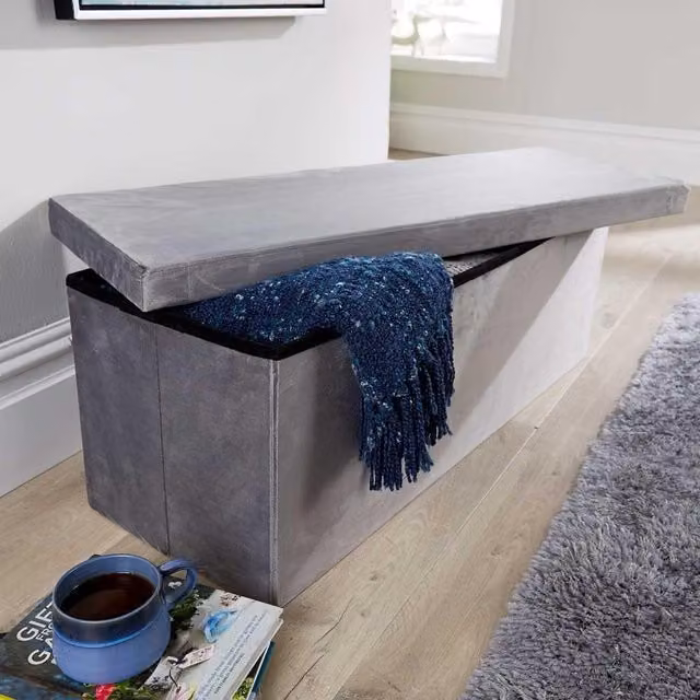 Home Source Extra Large Grey Fabric Upholstered Ottoman