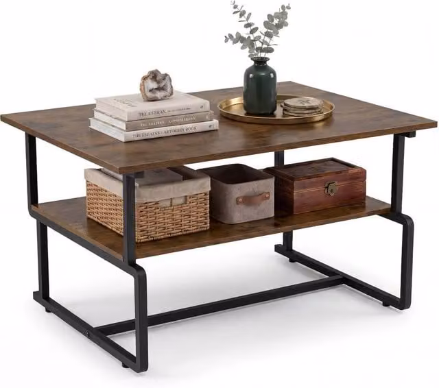 Gymax Industrial Double Tier Rectangular Coffee Table in Brown – 1