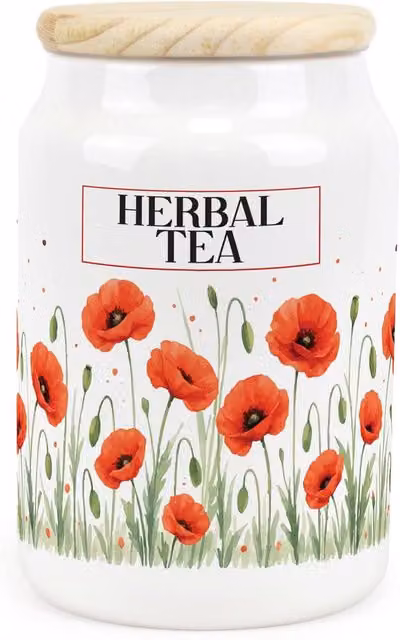 Purely Home Summer Poppies Floral Ceramic Airtight Herbal Tea Storage Canister in Red, Black, Brown, Orange and White