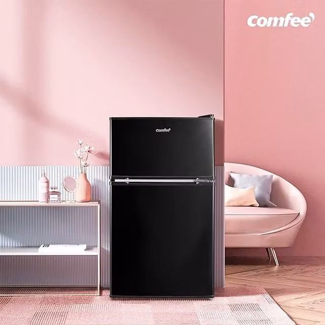 Livingandhome 87L Under Counter Fridge Freezer in Black with Reversible Door, LED Interior Light and Bottle Rack, W/D/H: 47 x 40 x 87 cm