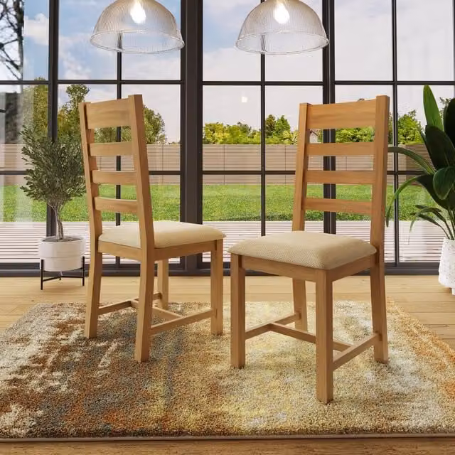 FWStyle Set of 2 Classic Natural Oak Dining Chairs with Beige Fabric Seats