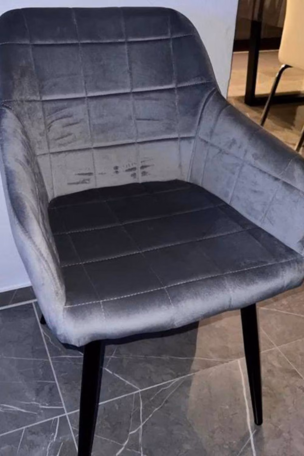 Life Interiors Camden Modern Velvet Dining Chair with Armrests and Black Metal Legs in Dark Grey – 5