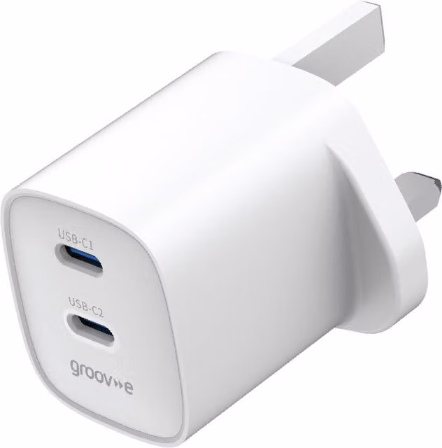 Groov-e Dual USB-C 35W GaN Wall Charger with Power Delivery, White