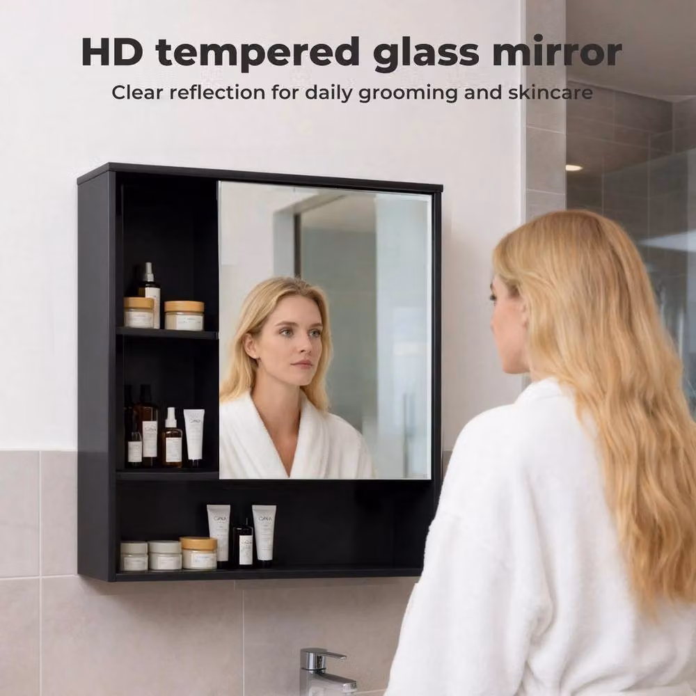 VOGREX Black Modern Wall Mounted Bathroom Mirror Cabinet with Open Shelf – 5