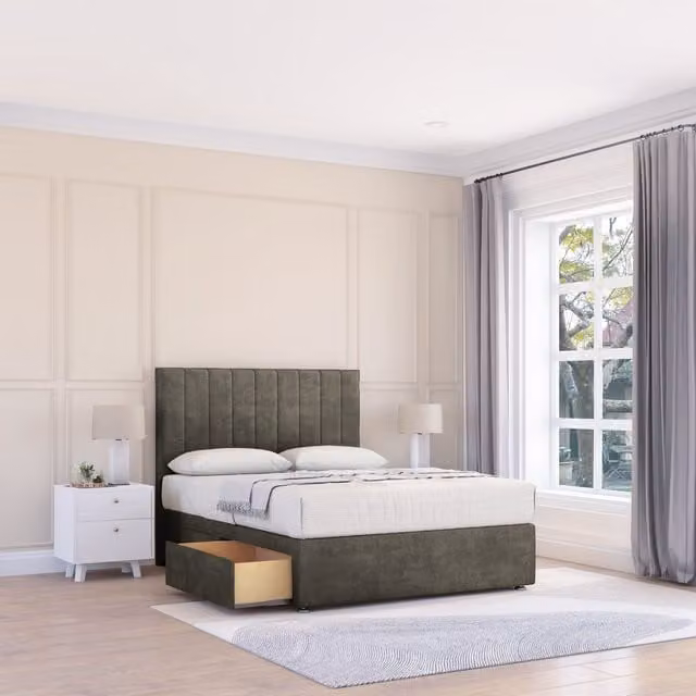 Sloomy Kansas Super King Divan Bed Base with 4 Drawers and Floor Standing Headboard in Light Grey Velvet Fabric, W/D/H: 200 x 200 cm