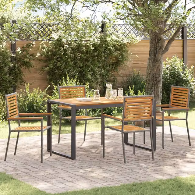 Berkfield Home 5 Piece Grey Poly Rattan and Acacia Wood Garden Dining Set