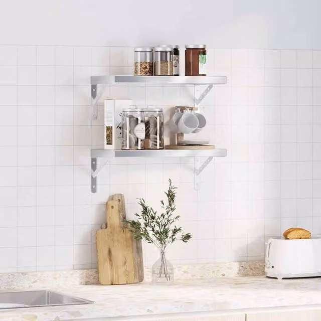 Berkfield Home Wall Mounted Metal Shelves, 2 Pack, Silver, W: 50 cm, D: 23.5 cm