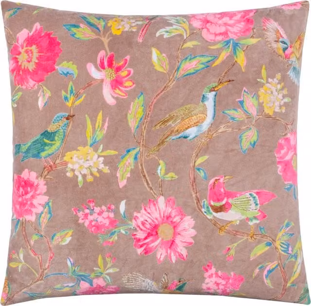 Make It A Home Aviary Floral Cotton Velvet Cushion in Blush Pink with Feather Filling