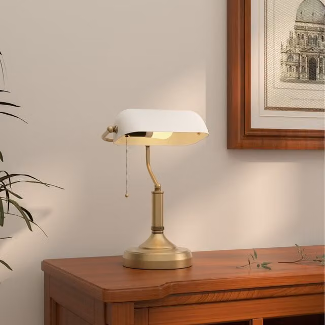 HOMCOM Banker's Table Lamp with Antique Bronze Base and White Glass Shade