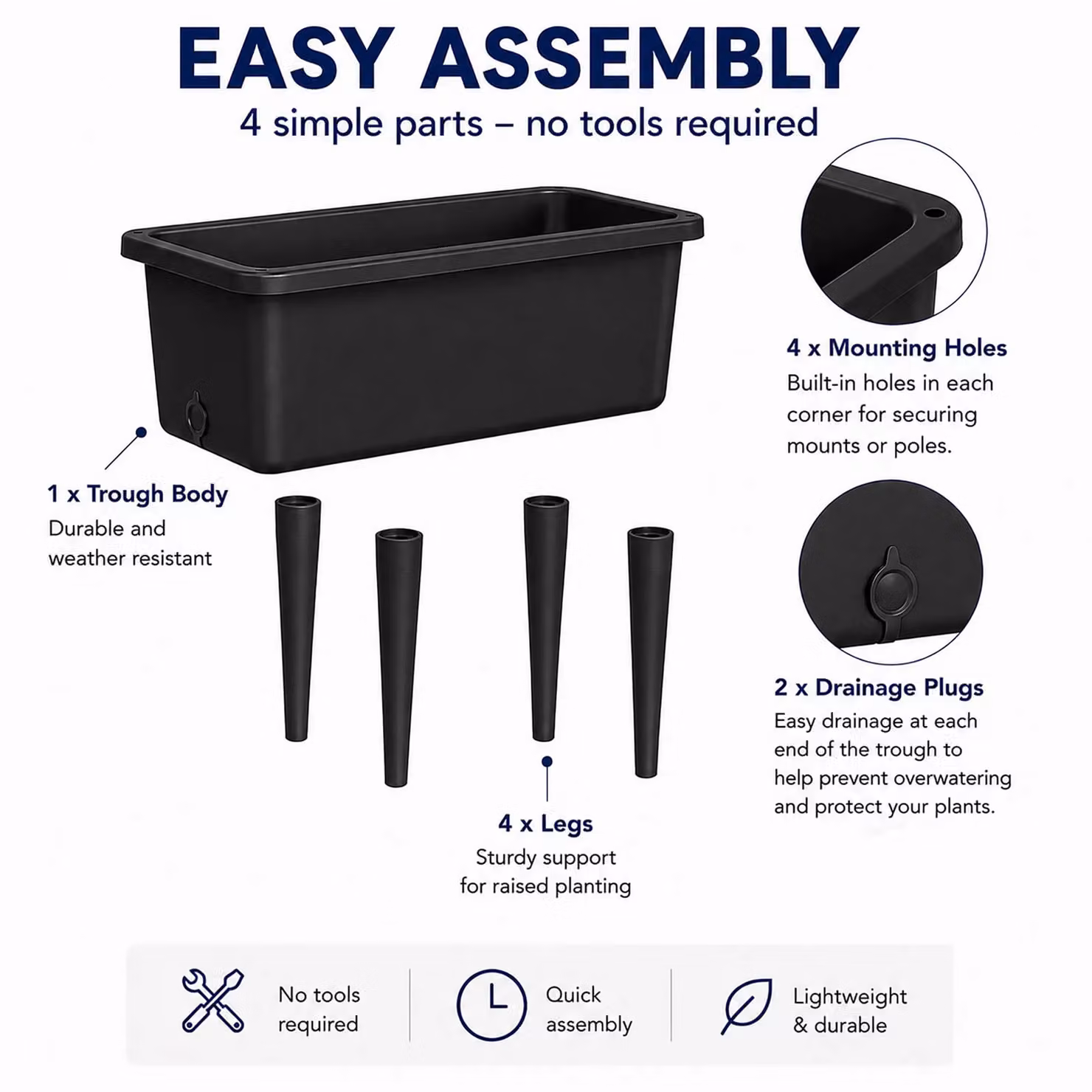 Simpa Black Plastic Raised Bed Trough Planter Tub W/D/H: 76 x 65 x 37 cm – 6