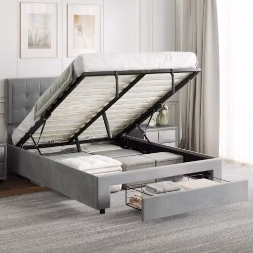 HOMCOM Upholstered Velvet Ottoman Double Bed with Lift-Up Storage in Grey, W: 140 cm x D: 190 cm – 1