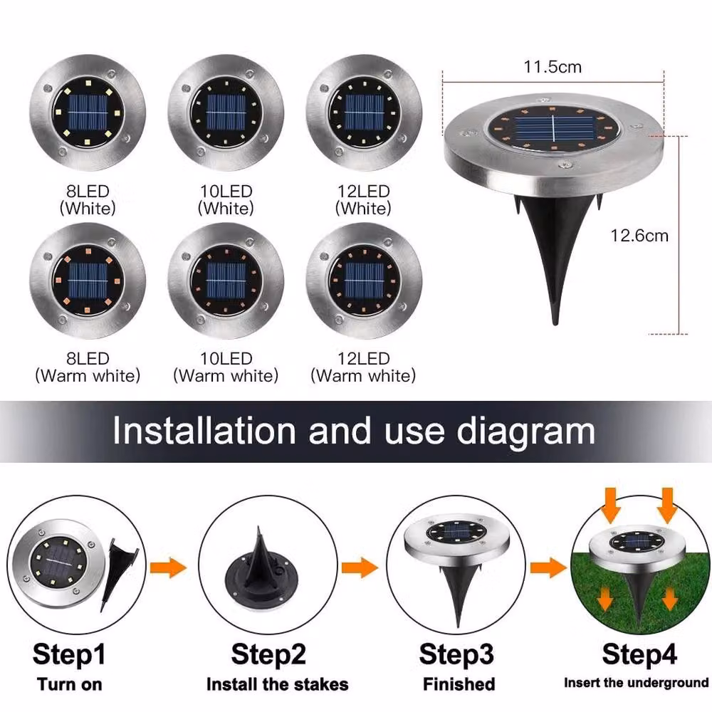 FLAVORA Set of 10 Silver Stainless Steel Solar Powered LED Ground Recessed Garden Lights with White Dusk Sensor – 2