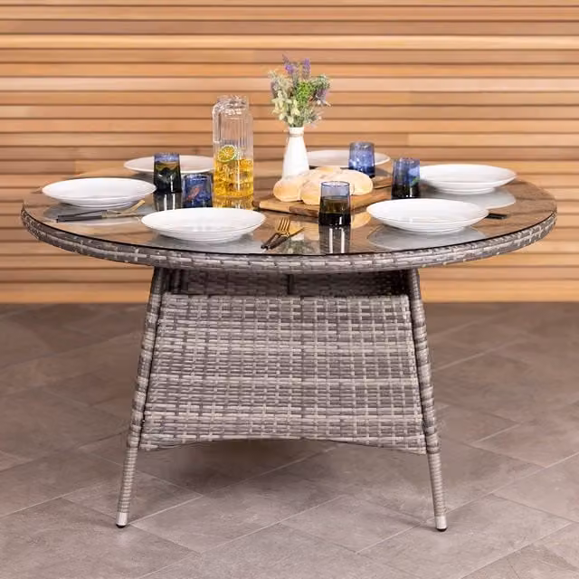 Charles Bentley Modern Round Rattan Garden Dining Table with Glass Top and Powder Coated Steel Frame in Grey
