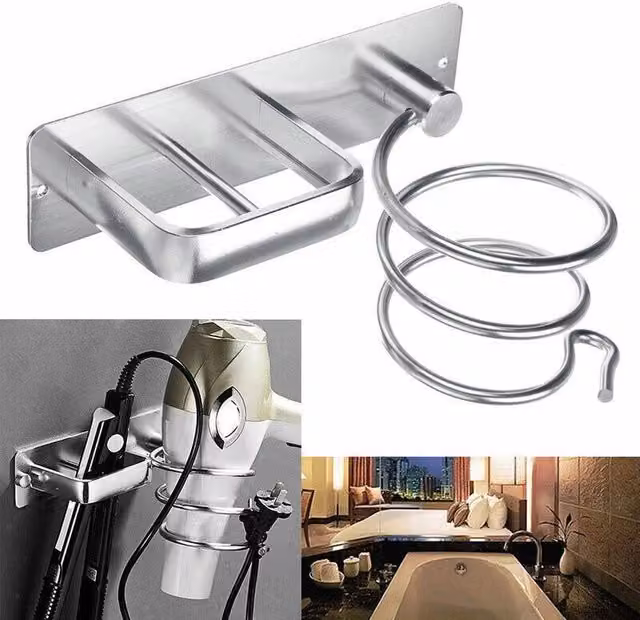 FORGEVIO Silver Metal Wall Mounted Hair Dryer and Straightener Holder, W: 180 cm, H: 180 cm