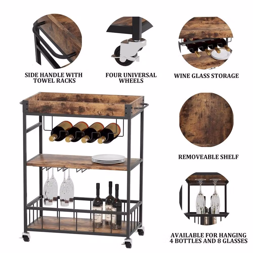 Huhote Brown Bar Cart with Wine Rack and Glass Shelves and Wheels – 5