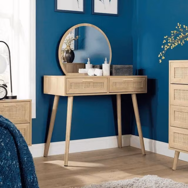 Home Source Dressing Table with Circular Mirror and 2 Rattan Front Drawers in Natural Sand – 1