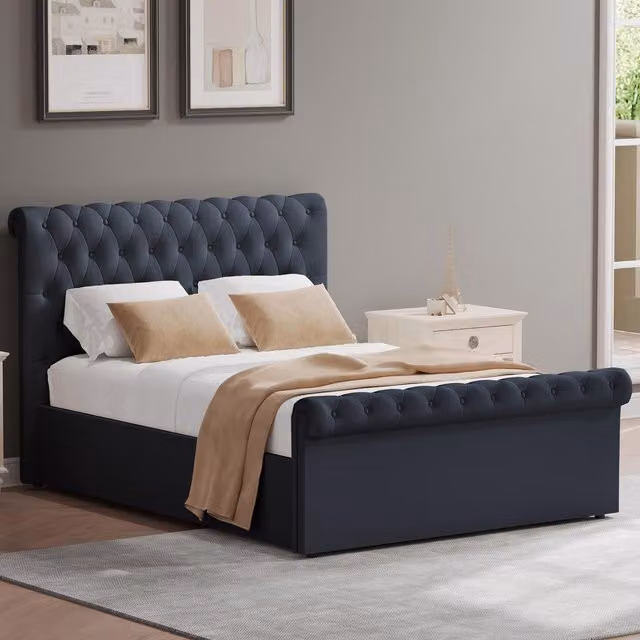 FWStyle King Size Upholstered Ottoman Bed Frame in Charcoal with Chesterfield Buttoned Detail, W/D/H: 180 x 200 cm