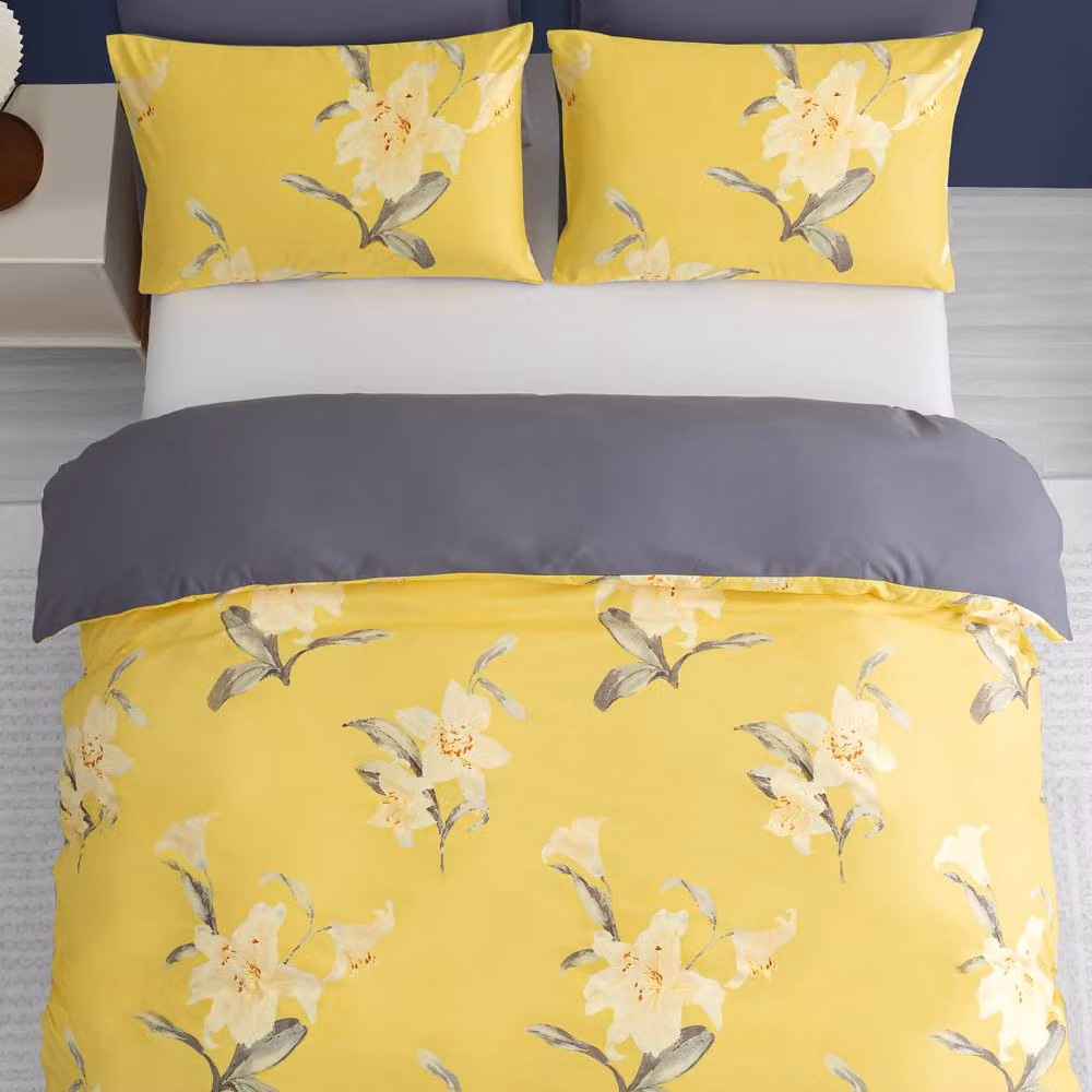 Pamposh Yellow and Grey Floral Microfibre Duvet Cover Set, 200 x 200 cm – 3