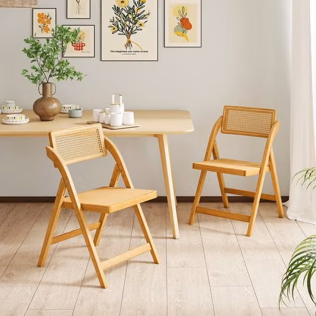 Costway Set of 2 Boho Rattan Folding Chairs in Beige and Brown