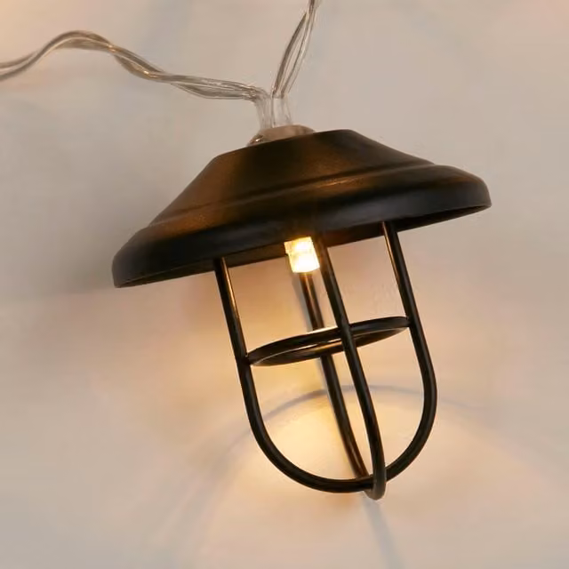 Lighting Collection Port Cage LED Outdoor Solar String Light in Black with Warm White Lanterns and Dusk Sensor – 1