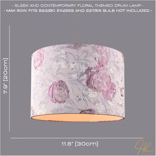 Happy Homewares Modern Lilac Floral Textured Jacquard Drum Lamp Shade with Pink Roses, W/D/H: 30 x 30 x 20 cm – 2