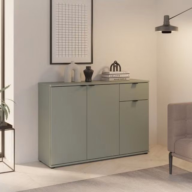 Furniture To Go Ganymede Wide 3 Door Cupboard with Drawer in Sage Green