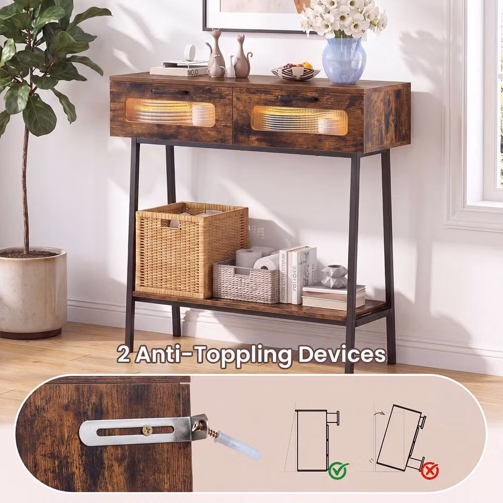 Gymax Rustic Brown Farmhouse Console Table with Colourful LED Lights – 6