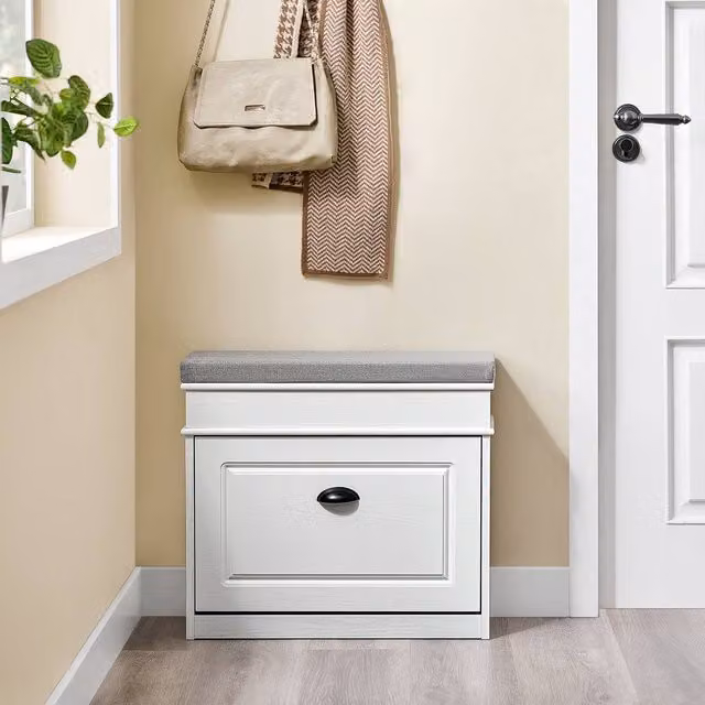 SoBuy Slim Off-White Shoe Cabinet with Flip-Down Storage for Hallways – 1