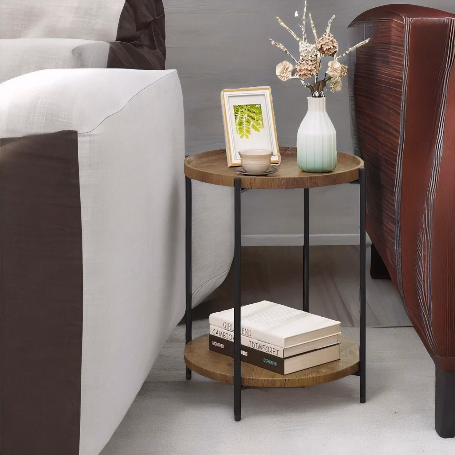 Rafaelo Mobilia Industrial 2 Tier Round Coffee Table in Rustic Brown and Black – 3