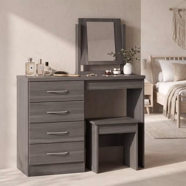 Seconique Nevada 4 Drawer Dressing Table and Stool Set in Black Wood Grain – 3