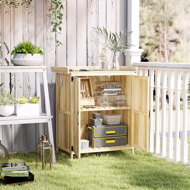 Outsunny Rustic Wooden Garden Storage Cabinet with Hinged Roof in Brown and Beige