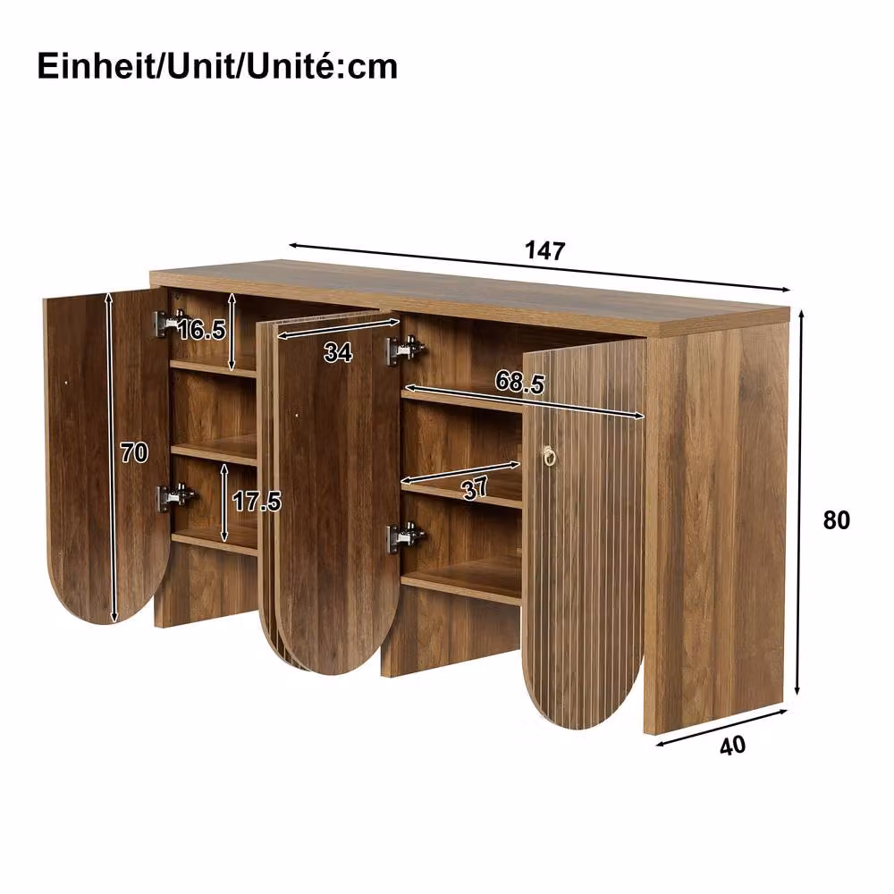 BTM Walnut Sideboard in Brown with 4 Doors and Adjustable Shelves, W/D/H: 147 x 40 x 80 cm – 3