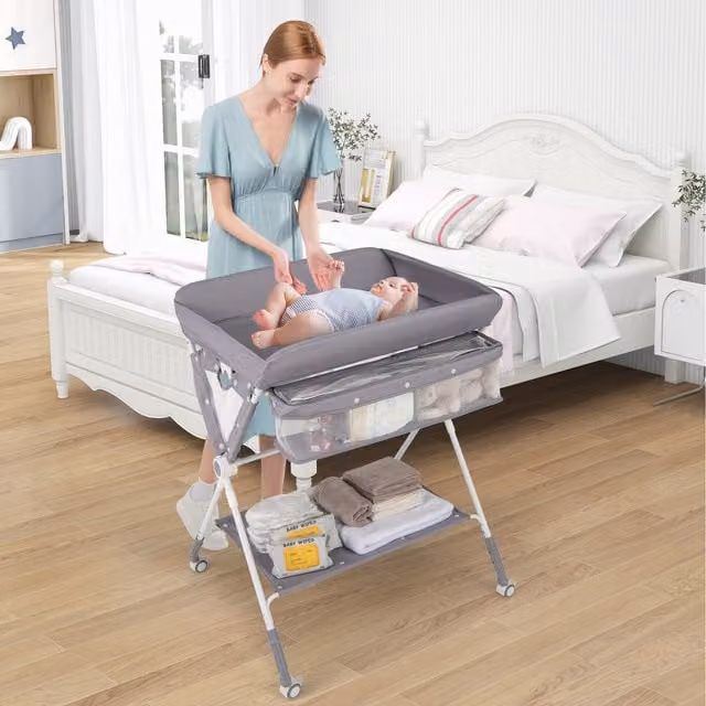 COSTWAY Folding Infant Diaper Changing Station with Castors, Grey