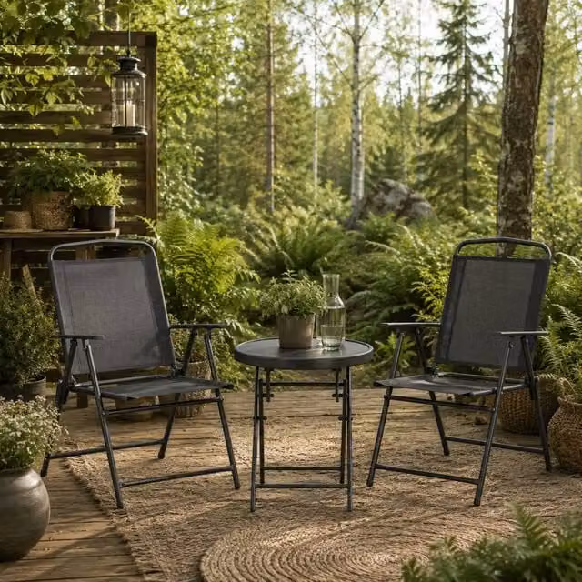 Wyld Haus Zivino 3 Piece Black Garden Seating Set with Round Glass Table and Foldable Mesh Chairs