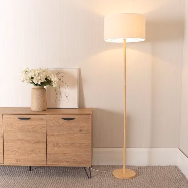 ValueLights Heather Single Stem Floor Lamp in Light Wood with White Fabric Drum Shade, H 180 cm x W 45 cm x D 45 cm – 1