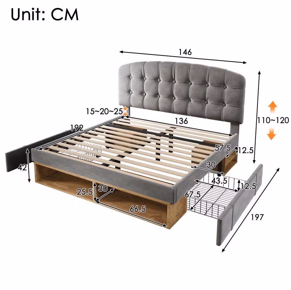 STILVORA Double Upholstered Velvet Bed with Storage Drawers in Grey, W/D/H: 140 x 200 x 137 cm – 3