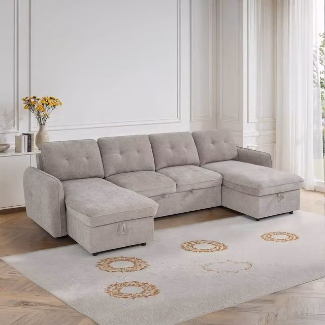 Furnishings For Less UK Seattle U Shaped 5 Seater Fabric Corner Sofa Bed in Beige