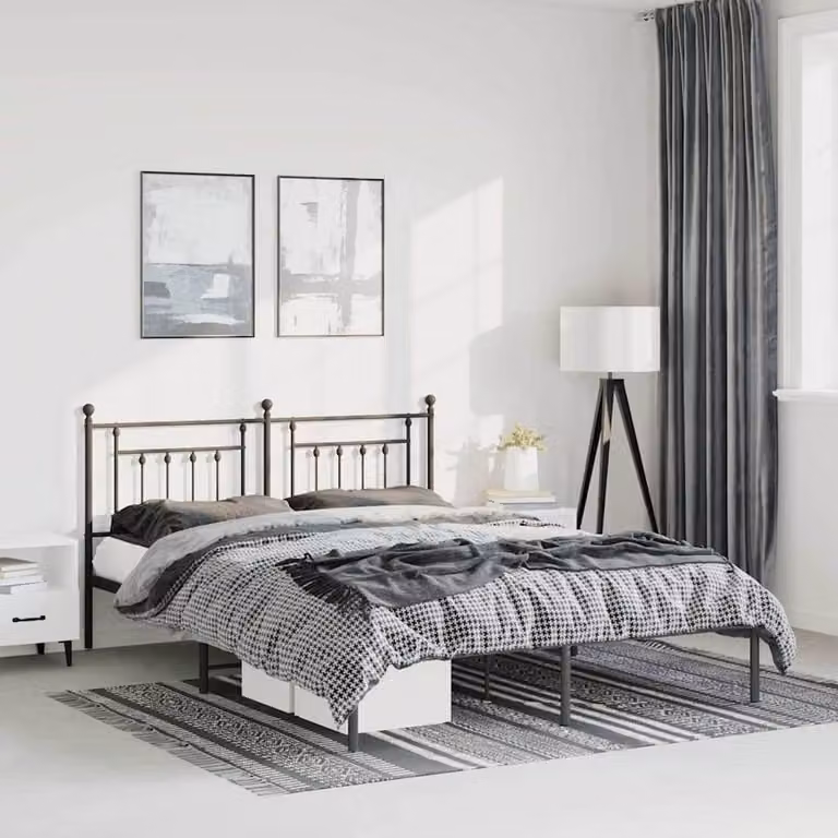 Berkfield Home Metal Bed Frame with Headboard in Black, W/D/H: 150 x 200 cm