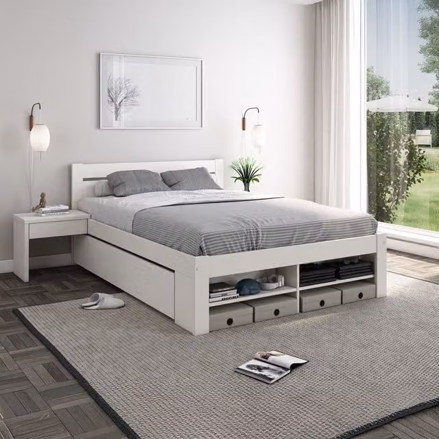 Noomi Pradis White Lacquered Solid Wood Storage Bed with Drawers, W/D/H: 180 x 200 cm