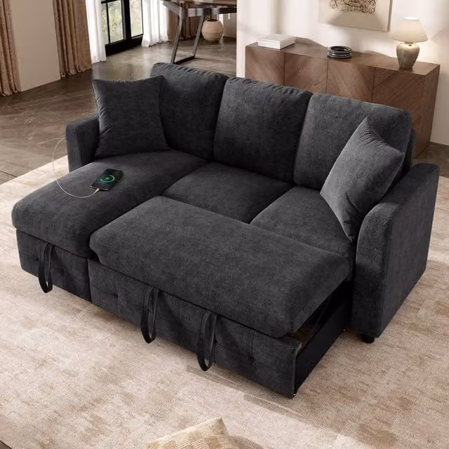 Rolipo Grey Reversible L-Shaped Chenille Fabric Sofa Bed with USB Charging and Storage Chaise – 1