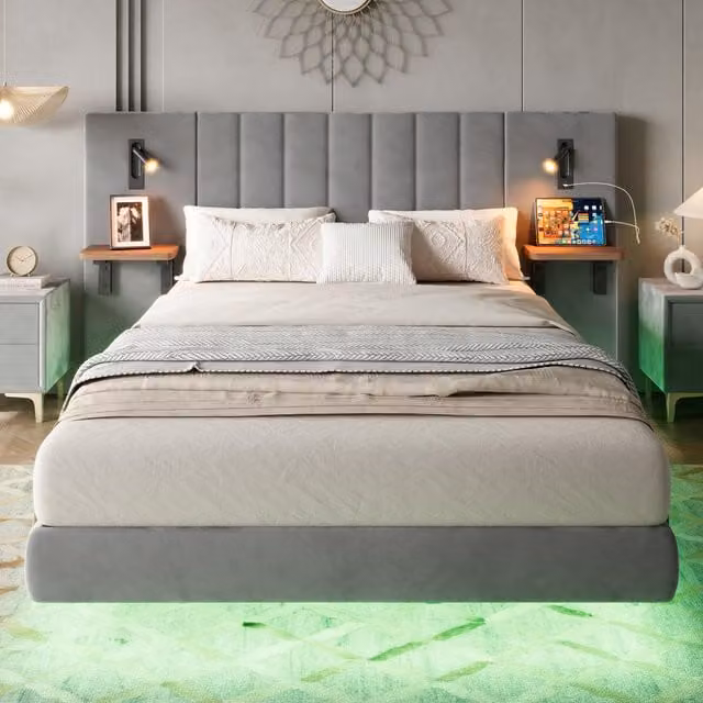 Aosom.UK Grey Velvet Upholstered Double Bed with Headboard Storage, LED Lighting and USB Charging Port, W/D/H: 206.5 x 199 x 103 cm – 1