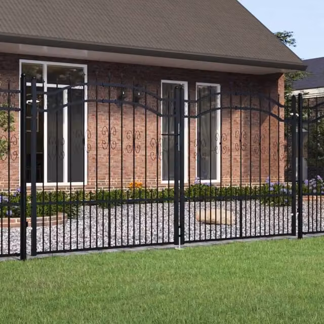 Berkfield Home Spear Top Fence Gate in Black Powder-coated Steel, W: 305 cm, H: 198 cm