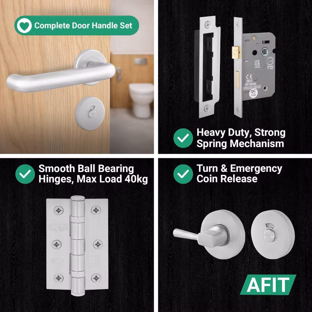 AFIT Satin Aluminium Return to Door Handles with Bath Lock and 80mm Hinges in Silver, 150 x 150 mm – 3