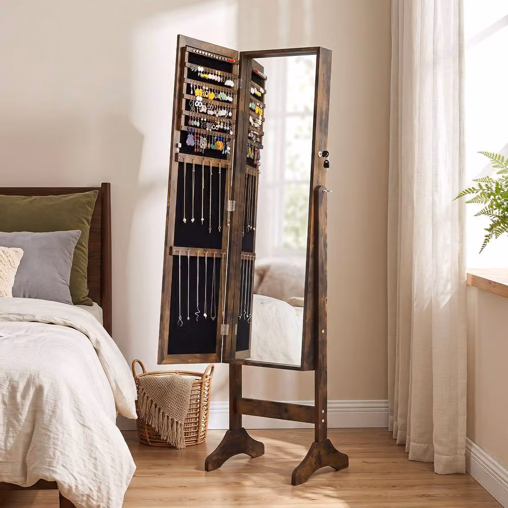 Costway Freestanding Jewelry Armoire Cabinet with Full Length Mirror in Brown – 3