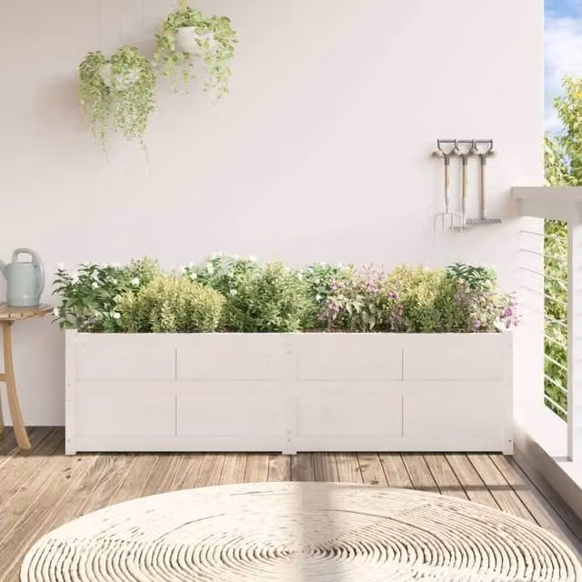 Berkfield Home Beautiful Garden Planter in White Solid Pine Wood, W/D/H: 180 x 50 x 50 cm