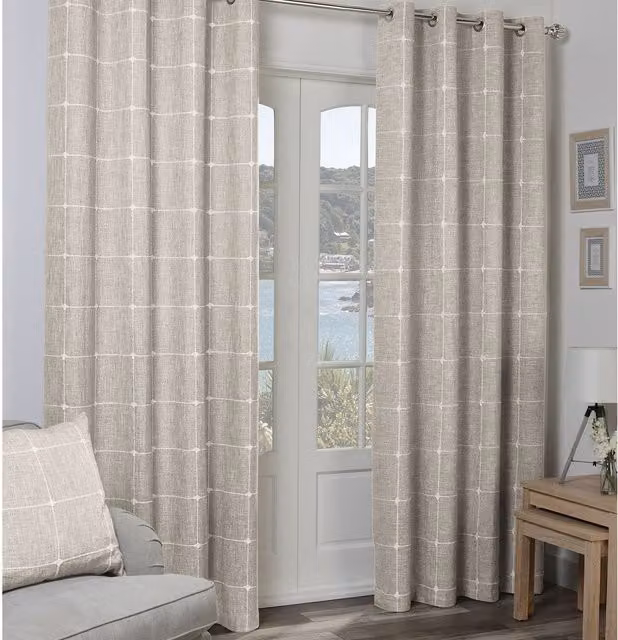 Divante Linen Checked Fabric Panel Curtains with Eyelets in Beige, Height: 228 cm