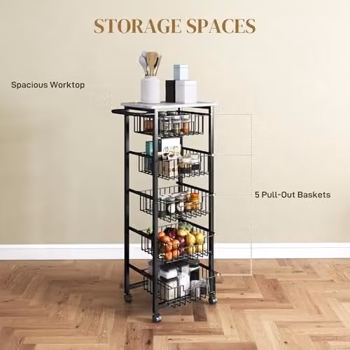 HOMCOM 5-Tier Kitchen Trolley on Wheels with Marble-Effect Top, Light Grey, W: 49.5 cm, D: 31.0 cm, H: 111.0 cm – 3