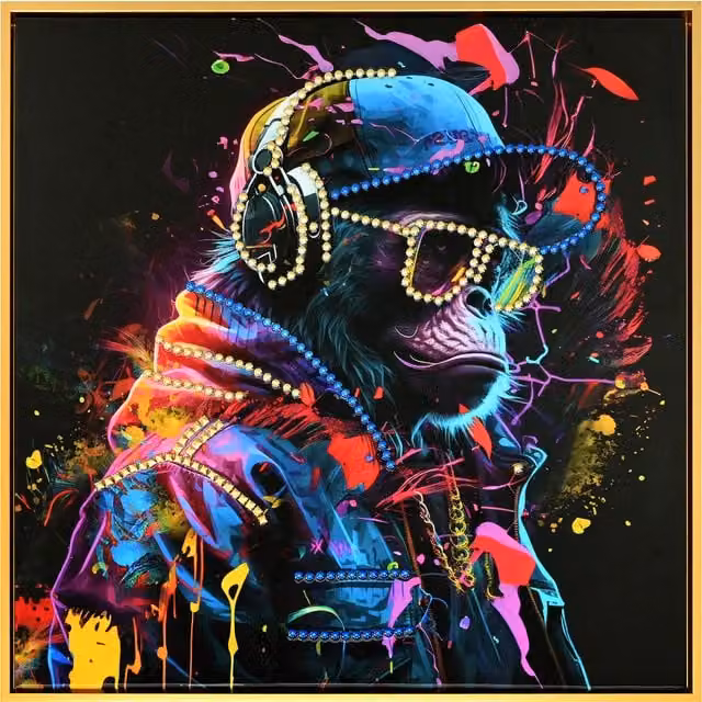Bright Monkey Music Multicolour and Gold Animal Themed Framed Canvas Wall Art
