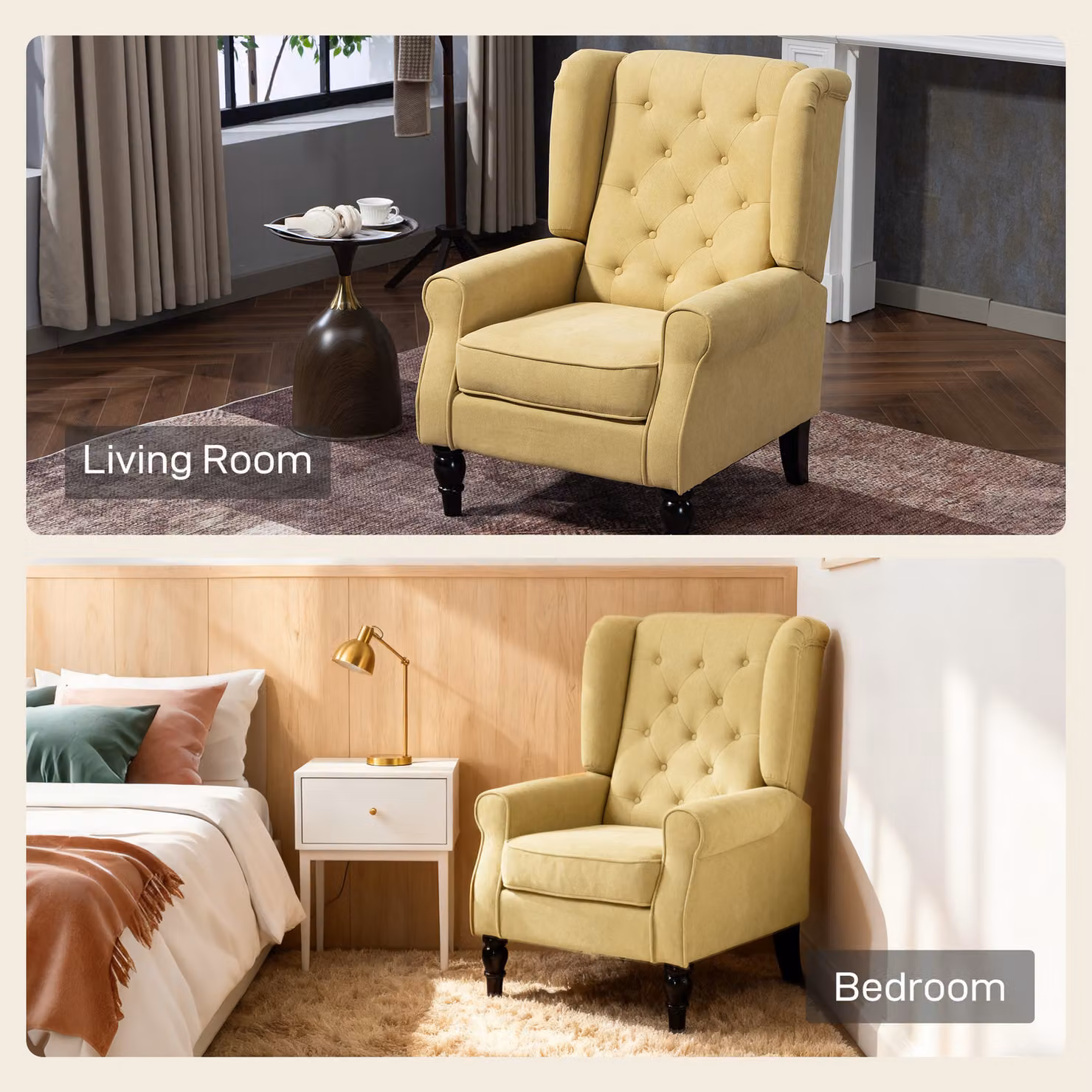 HOMCOM Retro Yellow Fabric Wingback Accent Chair with Button Tufting and Solid Wood Frame – 5
